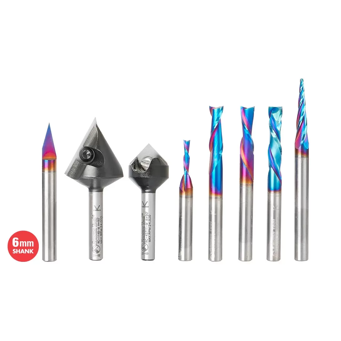 CNC Systems CNC MACHINES i2R CNC Amana Tool AMS 257 M 8 Pc General Purpose CNC Router Bit Set Packed in Stackable Plastic Case 6mm Shank